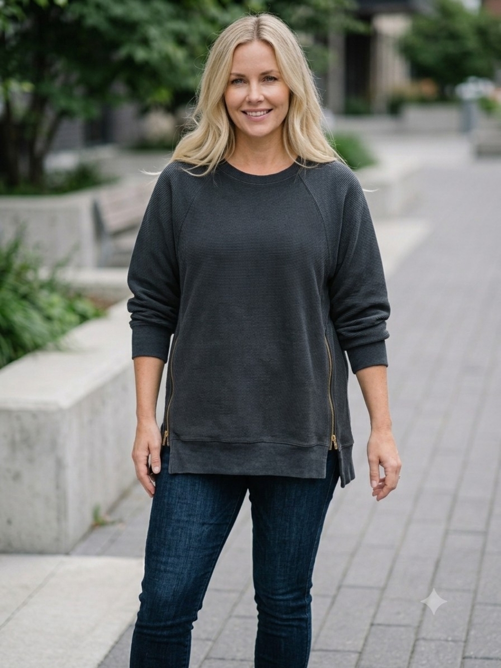 Varley Watson Ribbed Side Zip Sweatshirt Pullover Dark Gray XL